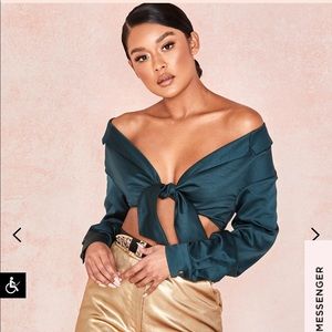 House of cb emerald green SATIN TIE FRONT SHIRT